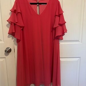 Calvin Klein Elegant Red Ruffle Sleeve Dress